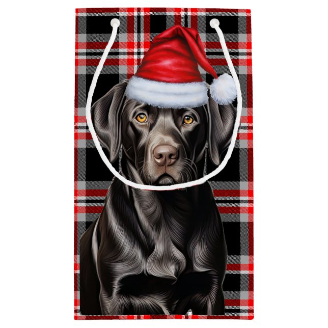 Red Plaid with a Cute Black Lab Christmas Dog Small Gift Bag (Back)