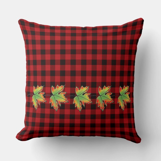 Red Plaid with Fall Maple Leaves Cushion (Front)