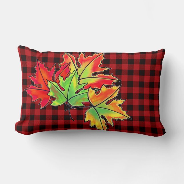 Red Plaid with Fall Maple Leaves Lumbar Cushion (Front)