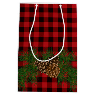 Red Plaid with Pine-cone detail Medium Gift Bag