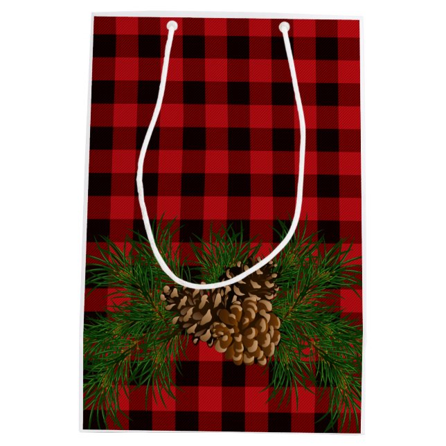 Red Plaid with Pine-cone detail Medium Gift Bag (Back)