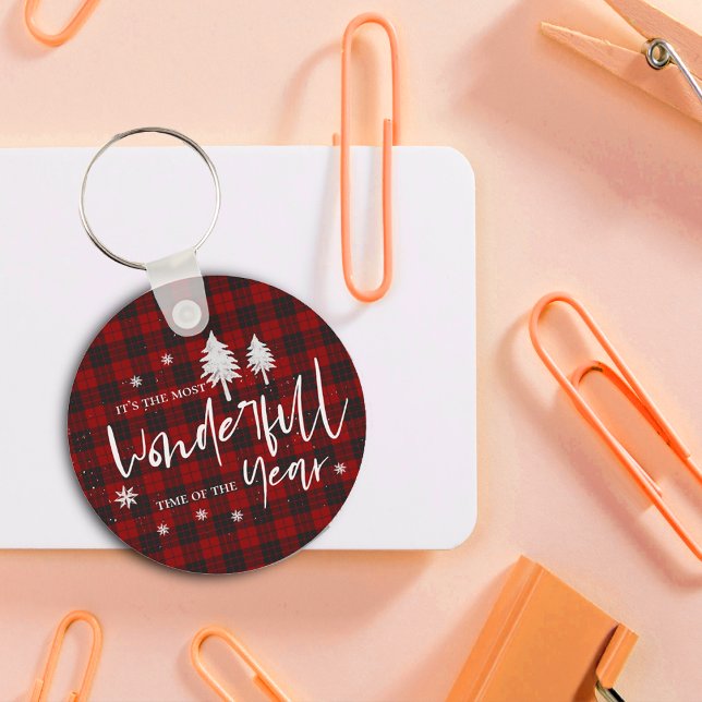 Red Plaid Wonderful Time Of Year Christmas Gift Key Ring (Red Plaid Wonderful Time Of Year Christmas Gift Keychain)