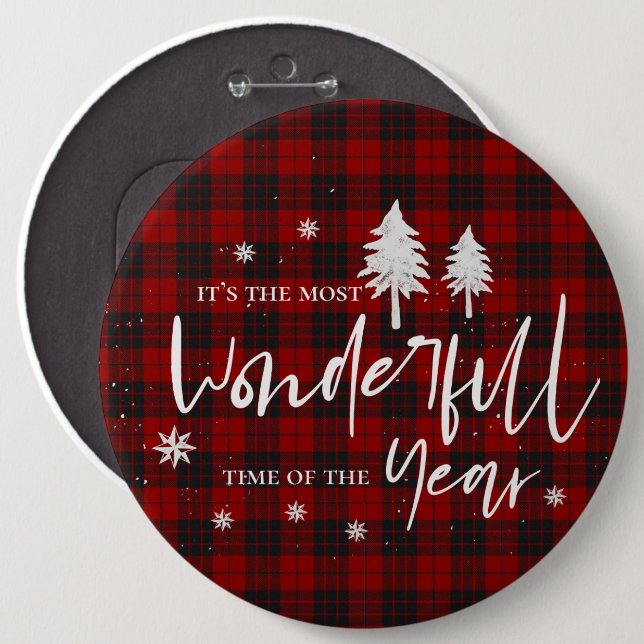 Red Plaid Wonderful Time Of Year Christmas Party 6 Cm Round Badge (Front & Back)