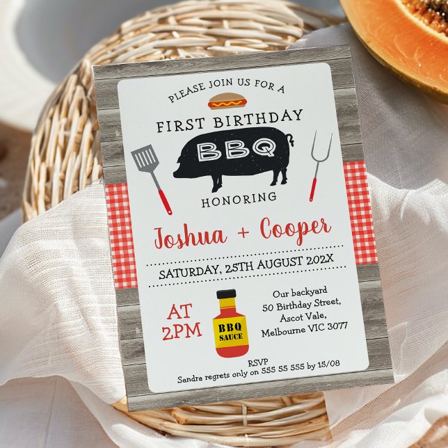 Red Plaid Wood Twins Black Pig BBQ 1st Birthday Invitation (Red Gingham Black Pig BBQ 1st Birthday Invitation Twins, Joint Twins BBQ Birthday Invitation, Wood)