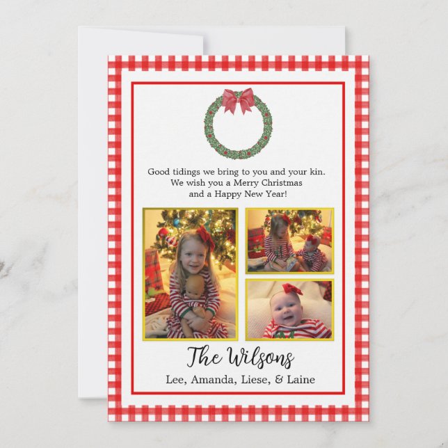 Red Plaid Wreath with Bow Photo Christmas Card (Front)