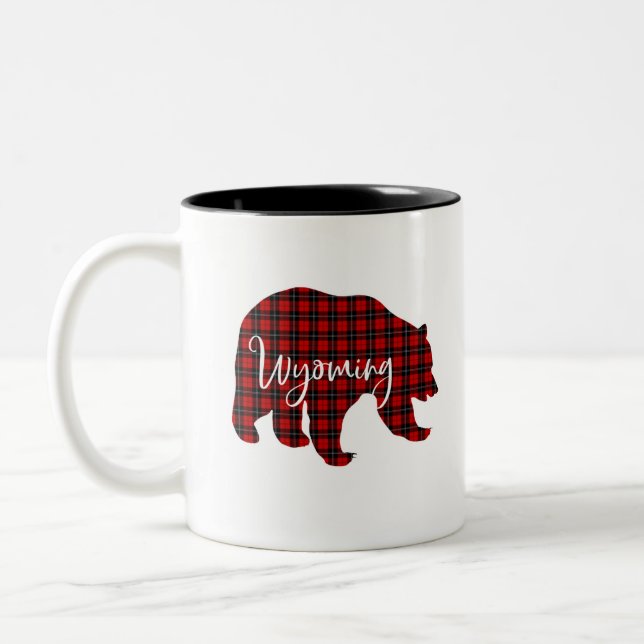 Red Plaid Wyoming Bear Matching Pajama Two-Tone Coffee Mug (Left)