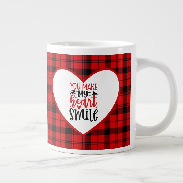 Red Plaid You Make My Heart Smile Large Coffee Mug (Right)