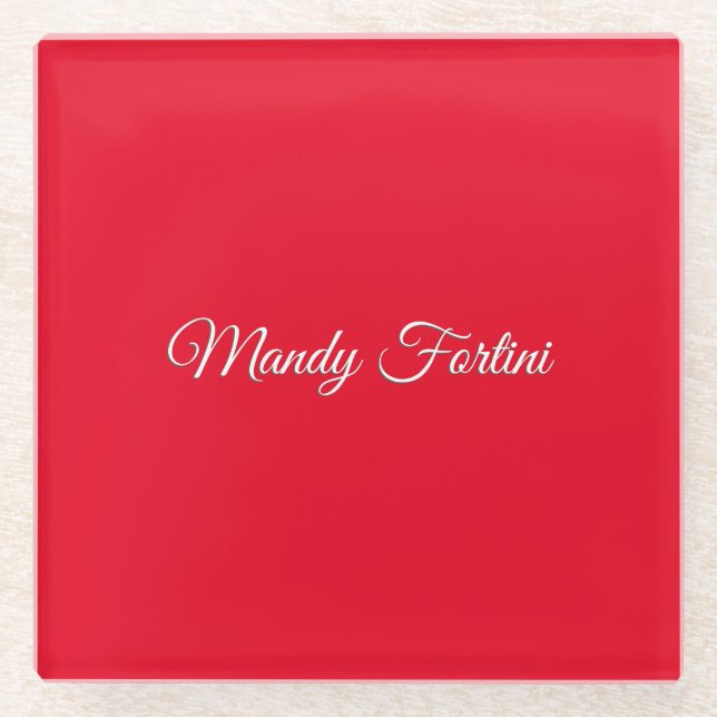 Red Plain Elegant Minimalist Calligraphy Glass Coaster (Front)