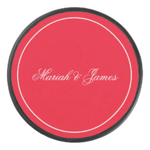 Red Plain Elegant Minimalist Names Calligraphy Hockey Puck