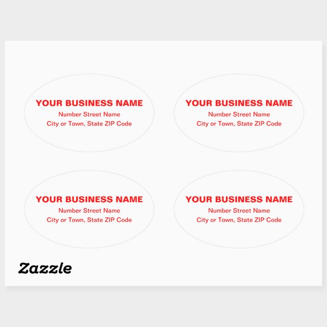 Red Plain Texts Business Address on White Oval Sticker (Sheet)