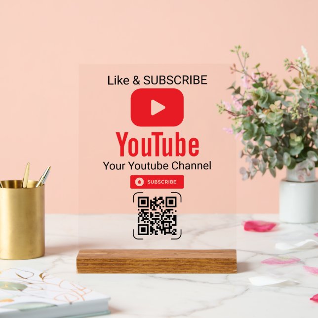 Red Play Button YouTube Channel QR Code Acrylic Sign (Wedding)