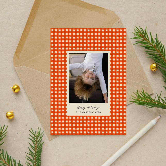 Red Playful Hand-Drawn Chequered Photo Holiday Card (Red Playful Hand-Drawn Checkered Photo Holiday Card)