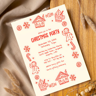 Red Playful Hand Drawn Doodle Whimsical Christmas  Invitation