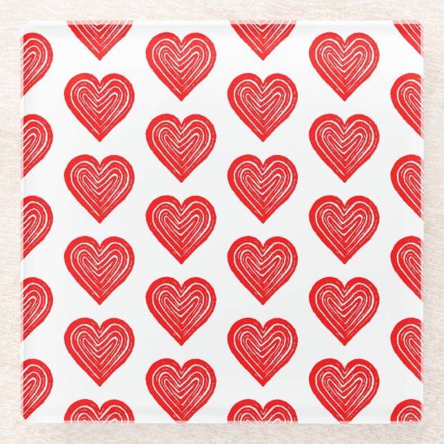 Red Playing Card Symbol Heart Shape Lino Cut Glass Coaster (Front)