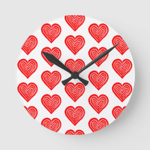 Red Playing Card Symbol Heart Shape Lino Cut Round Clock