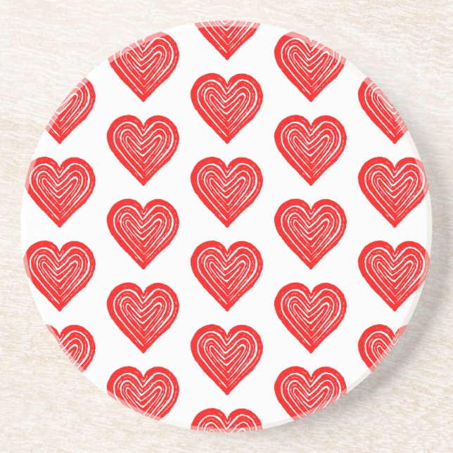 Red Playing Card Symbol Heart Shape Lino Cut Round Coaster (Front)