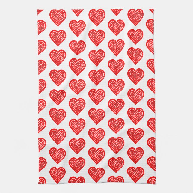 Red Playing Card Symbol Heart Shape Lino Cut Tea Towel (Vertical)