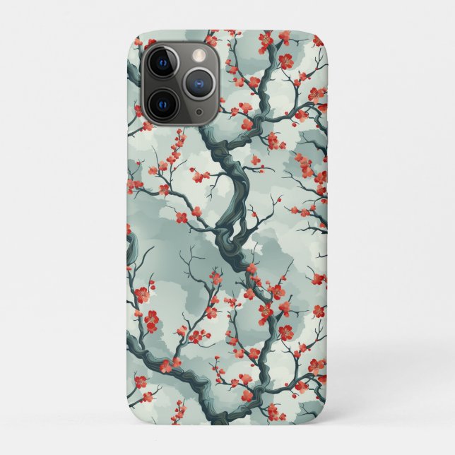 Red Plum Blossom Sage Green Ink Wash Pattern Case-Mate iPhone Case (Back)