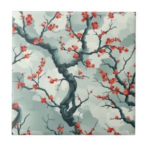 Red Plum Blossom Sage Green Ink Wash Pattern Tile