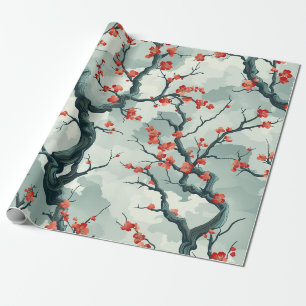 Red Plum Blossom Sage Green Ink Wash Pattern Wrapping Paper