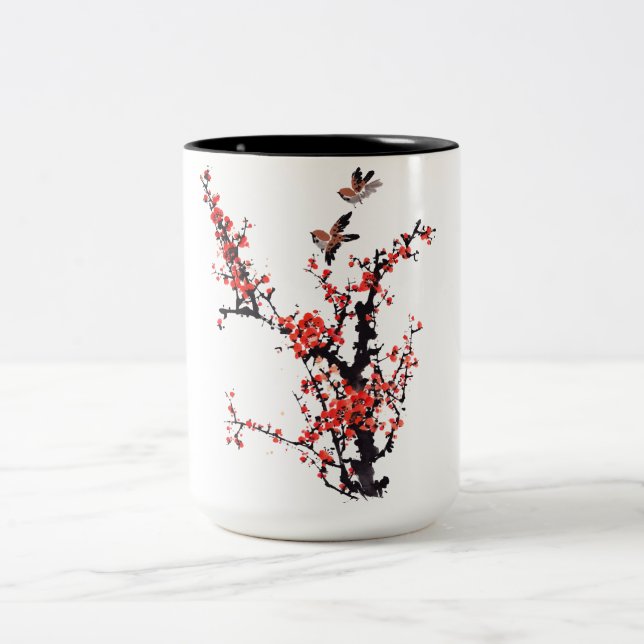 Red Plum Blossom Two-Tone Coffee Mug (Center)