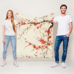Red Plum Blossom Watercolor - Oriental Floral Art Fleece Blanket