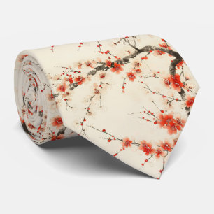 Red Plum Blossom Watercolor - Oriental Floral Art Tie