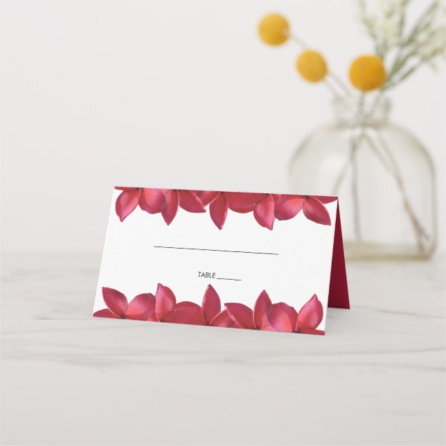 Red Plumeria Frangipani Wedding Place Card (Front)