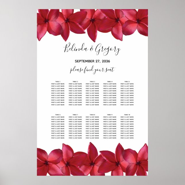 Red Plumeria Frangipani Wedding Seating Chart (Front)