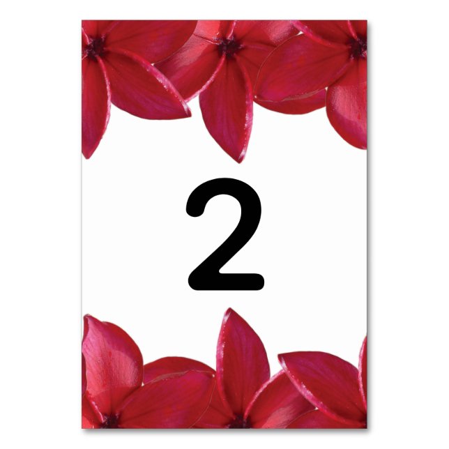 Red Plumeria Frangipani Wedding Table Number (Front)