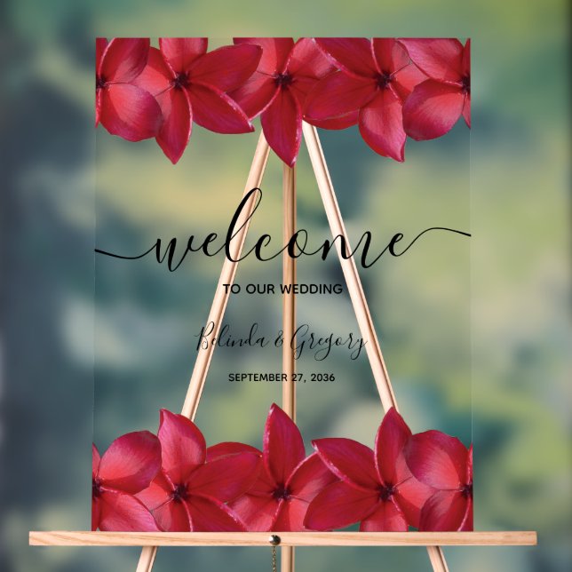 Red Plumeria Frangipani Wedding Welcome Sign (Neutral)
