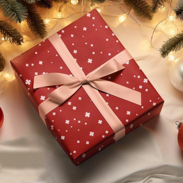 Red Plus Hospital Symbol Christmas Snow Pattern Wrapping Paper (Creator Uploaded)