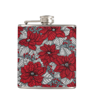 Red poinsettia and berries, Christmas design Hip Flask