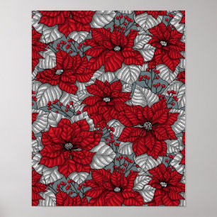 Red poinsettia and berries, Christmas design Poster