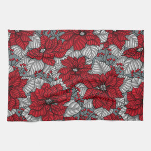 Red poinsettia and berries, Christmas design Tea Towel
