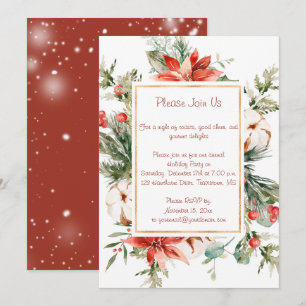 Red Poinsettia and Evergreens Christmas Party Invitation