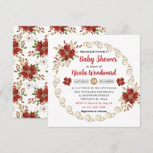 Red Poinsettia and Gold Glitter Winter Baby Shower Invitation