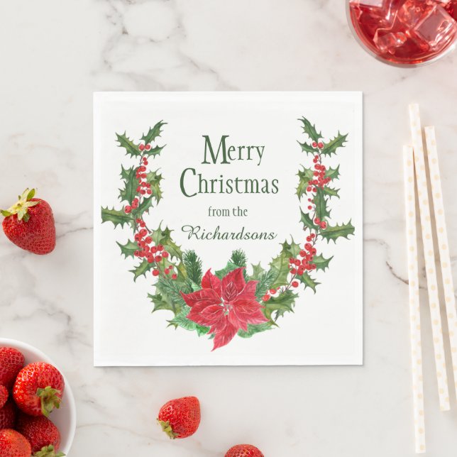 Red Poinsettia and Holly Berry Christmas Wreath Napkin (Insitu)