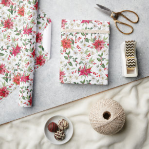 Red Poinsettia and Paperwhite Christmas Pattern Wrapping Paper