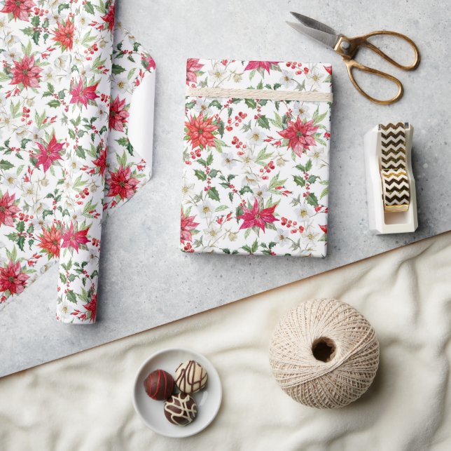 Red Poinsettia and Paperwhite Christmas Pattern Wrapping Paper (Crafts)