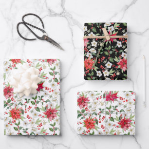 Red Poinsettia and Paperwhite Christmas Pattern Wrapping Paper Sheet