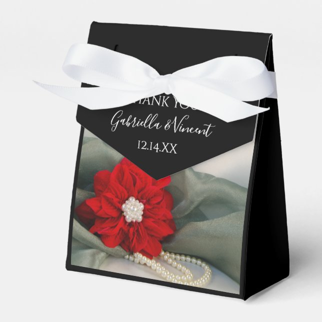 Red Poinsettia and Pearls on Green Winter Wedding Favour Box (Front Side)