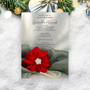Red Poinsettia and Pearls on Green Winter Wedding Invitation