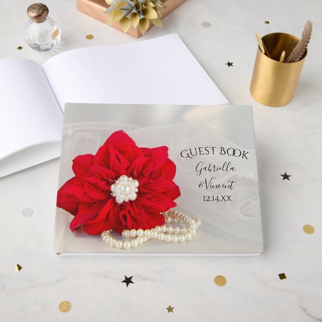Red Poinsettia and Pearls Winter Wedding Guest Book (Front Open)