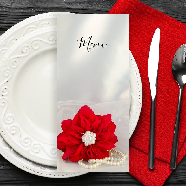 Red Poinsettia and Pearls Winter Wedding Menu (Set a festive table for your December event with the elegant Poinsettia and Pearls Winter Menu.)