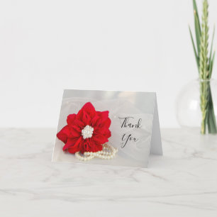 Red Poinsettia and Pearls Winter Wedding Thank You Card