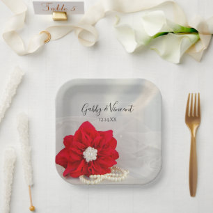 Red Poinsettia and White Pearls Wedding Paper Plate