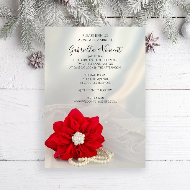 Red Poinsettia and White Pearls Winter Wedding Invitation (Set the tone for your wintery marriage with the elegant Poinsettia and Pearls Wedding Invitation.)