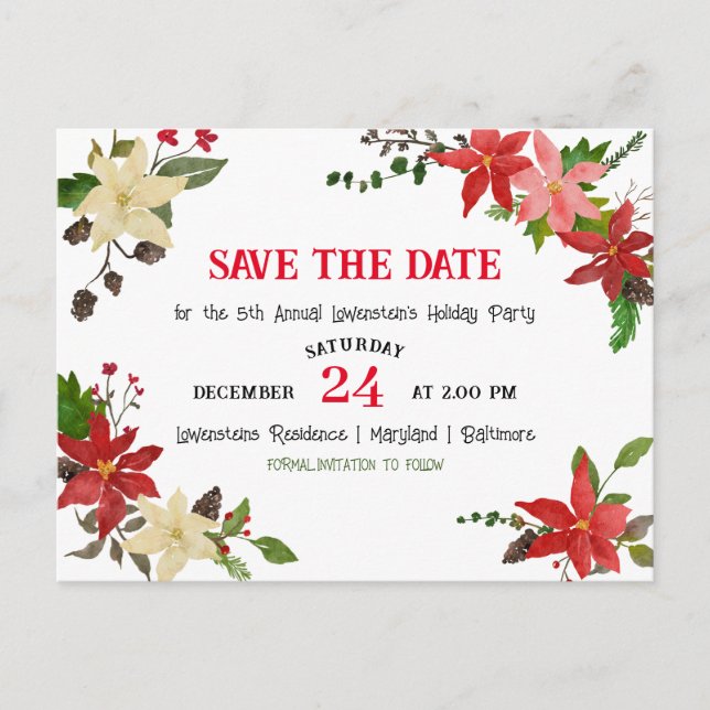 Red Poinsettia Annual Holiday Party Save The Date  Announcement Postcard (Front)