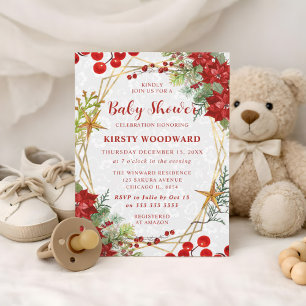 Red Poinsettia & Berry Winter Floral Baby Shower Invitation